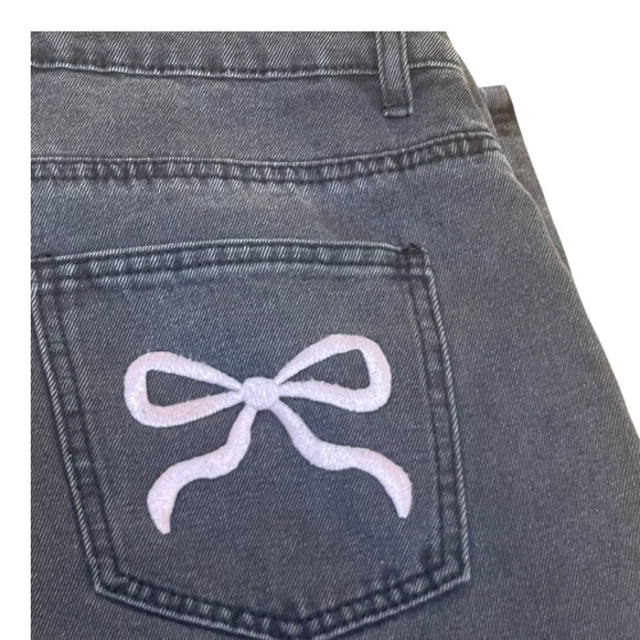 Edikt Low Rise Black Jeans with Embroidered Pink Bows